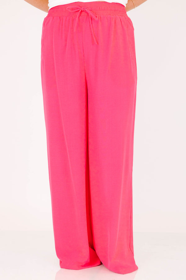 Chic Soul plus size clothing, hot pink wide leg flowy pants with stretchy tie waistband 