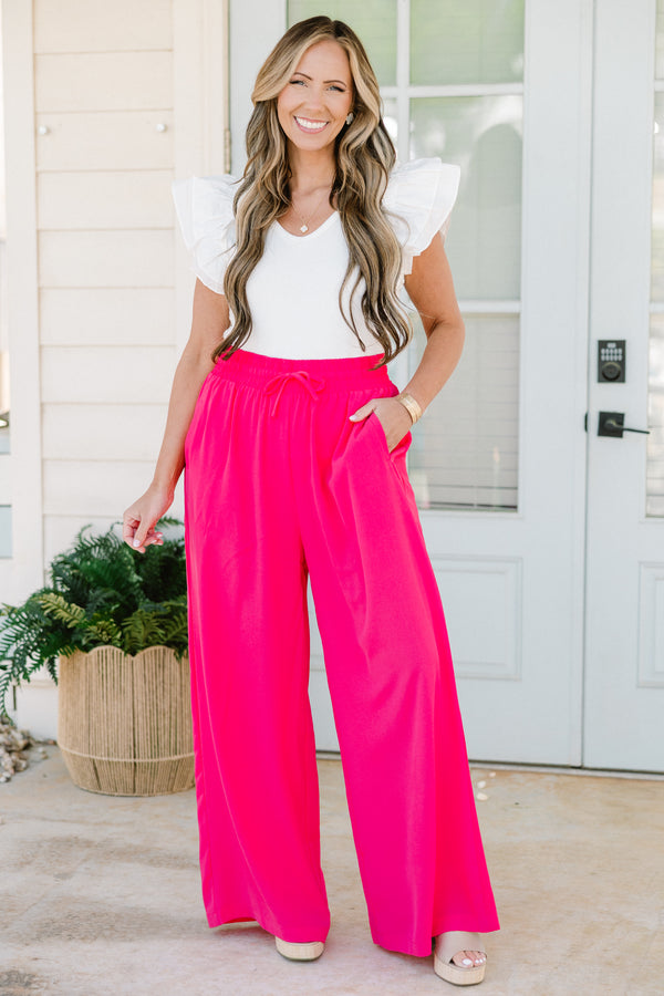 Chic Soul plus size clothing, hot pink wide leg flowy pants with stretchy tie waistband 