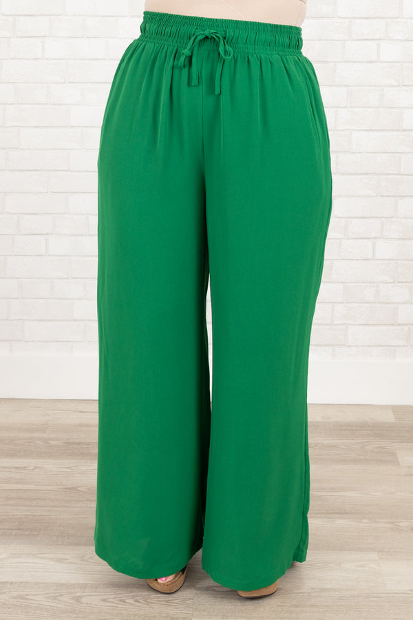Chic Soul plus size clothing, kelly green flowy pants with elastic waistband
