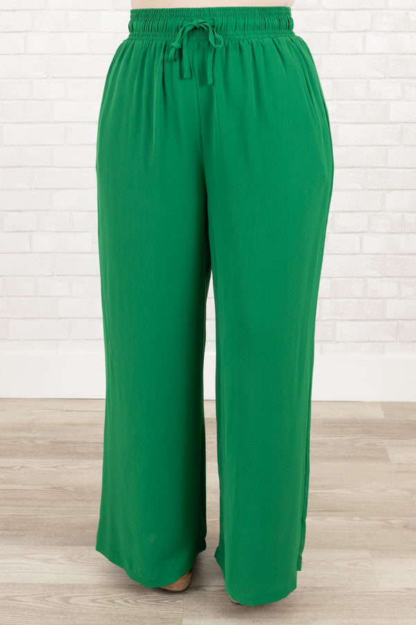 Chic Soul plus size clothing, kelly green flowy pants with elastic waistband