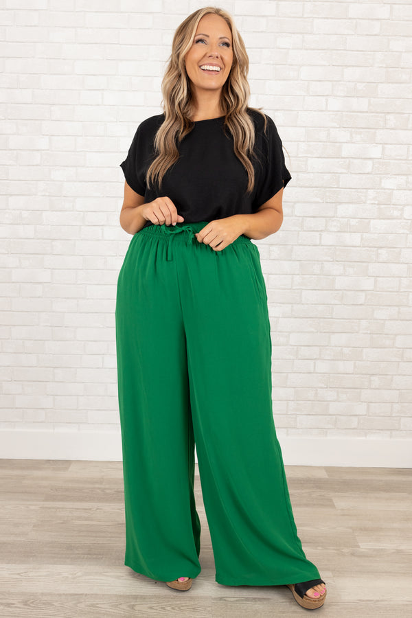 Chic Soul plus size clothing, kelly green flowy pants with elastic waistband