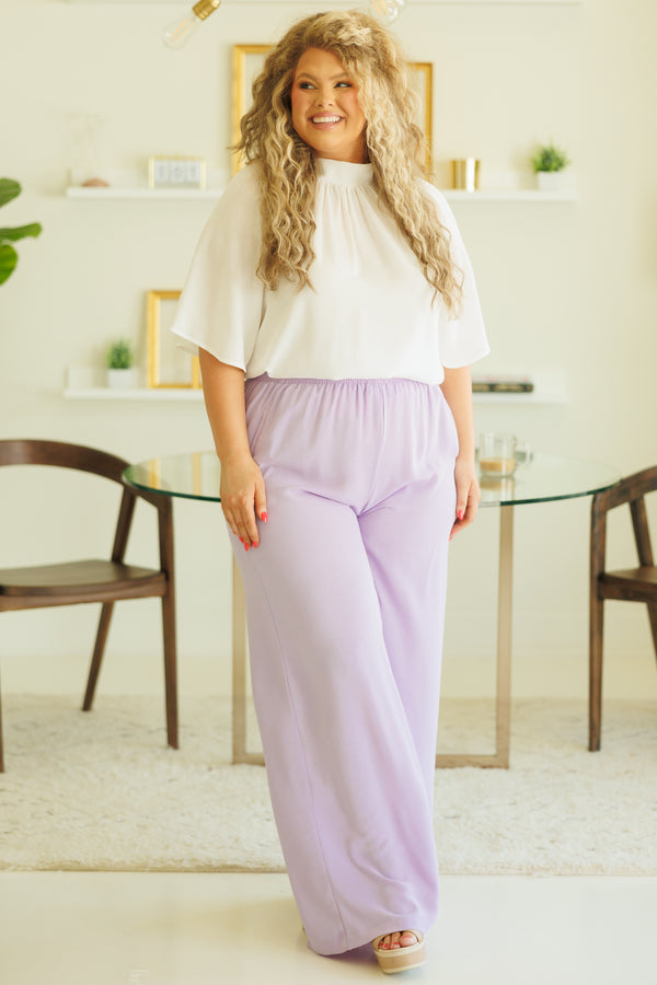 Chic Soul plus size clothing, lavender flowy pants with elastic waistband