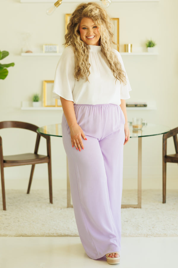 Chic Soul plus size clothing, lavender flowy pants with elastic waistband