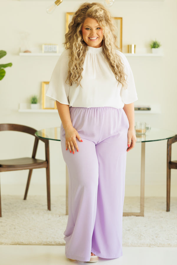Chic Soul plus size clothing, lavender flowy pants with elastic waistband