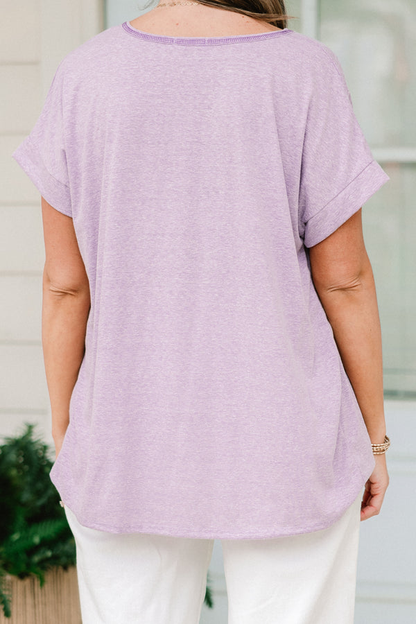 Chic Soul plus size clothing, short sleeve lilac top with small v-neck and darker purple stitching with a pocket