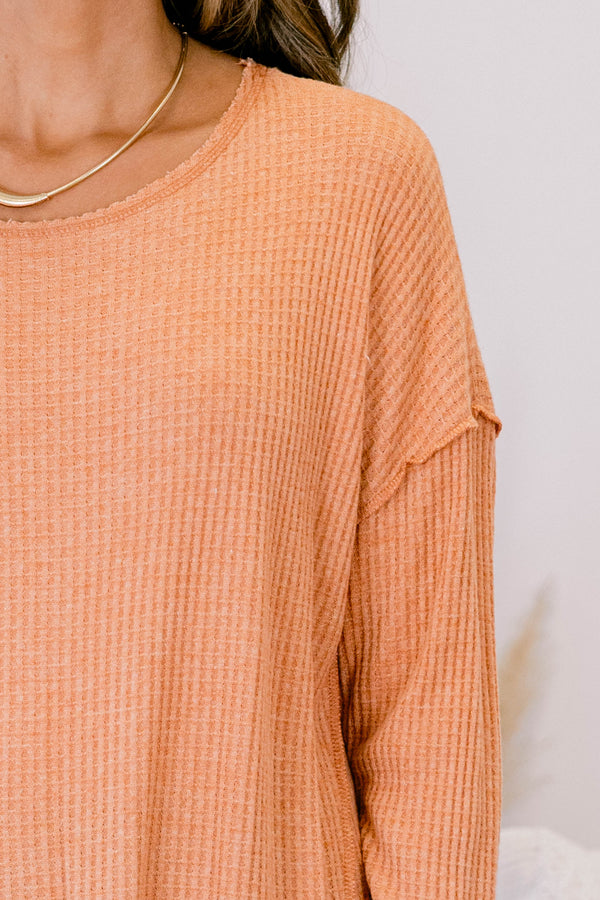 Chic Soul plus size clothing, orange long sleeve waffle knit crew neck top with scoop hemline