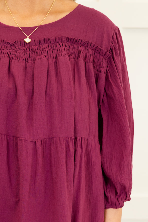Chic Soul plus size clothing, burgundy short tiered dress