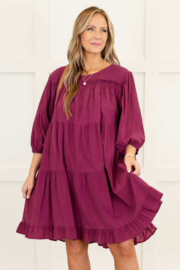 Chic Soul plus size clothing, burgundy short tiered dress