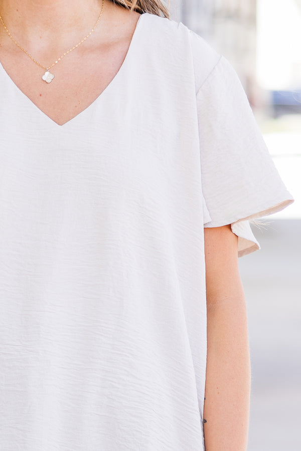 Chic Soul plus size clothing, short sleeve flowy blouse with v neckline and ruffle short sleeves