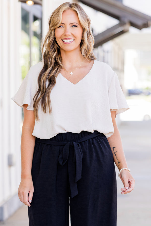 Chic Soul plus size clothing, short sleeve flowy blouse with v neckline and ruffle short sleeves