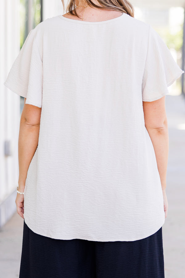 Chic Soul plus size clothing, short sleeve flowy blouse with v neckline and ruffle short sleeves