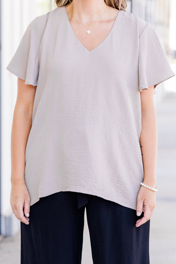 Chic Soul plus size clothing, short-sleeve light mocha blouse with v-neckline