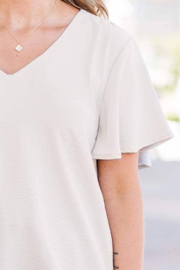 Chic Soul plus size clothing, short-sleeve sand beige top with flutter short-sleeve and v-neckline 