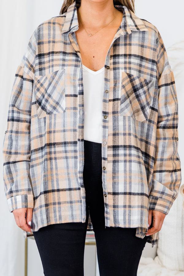 Chic Soul plus size clothing, long-sleeve taupe grey and black plaid shacket with collar and brown button detailing 