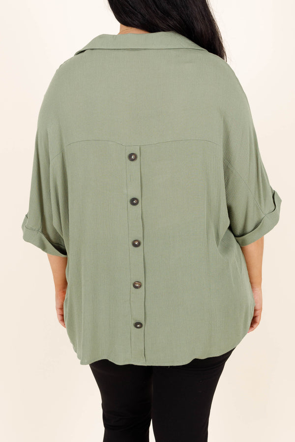 Chic Soul plus size clothing, sage light flowy top with button detail on the back