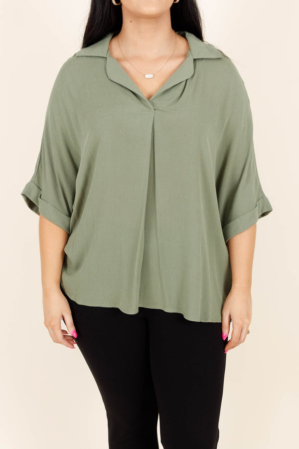 Chic Soul plus size clothing, sage light flowy top with button detail on the back