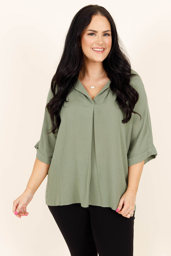 Chic Soul plus size clothing, sage light flowy top with button detail on the back