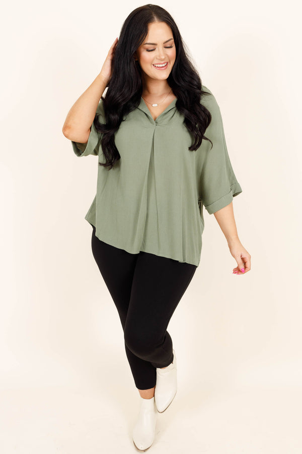 Chic Soul plus size clothing, sage light flowy top with button detail on the back