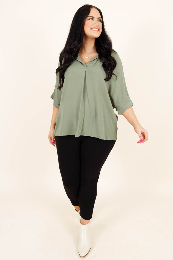Chic Soul plus size clothing, sage light flowy top with button detail on the back