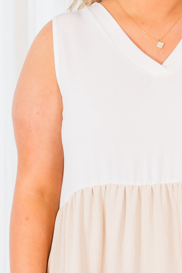Chic Soul plus size clothing, ivory/mauve tiered mini dress with ombre color pattern, sleeveless with v neckline
