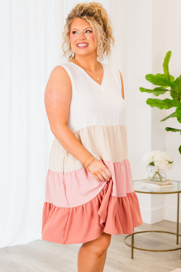 Chic Soul plus size clothing, ivory/mauve tiered mini dress with ombre color pattern, sleeveless with v neckline