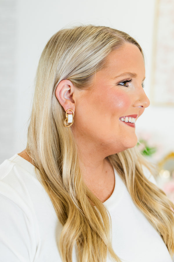 Chic Soul plus size clothing, gold double loop earrings with white rectangle connecting the two