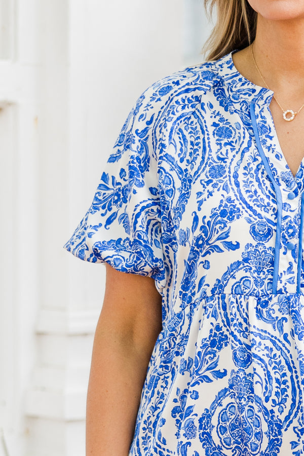 Chic Soul plus size clothing, short sleeve sapphire and white baby doll dress with v-neckline and swirly geometric pattern detailing 