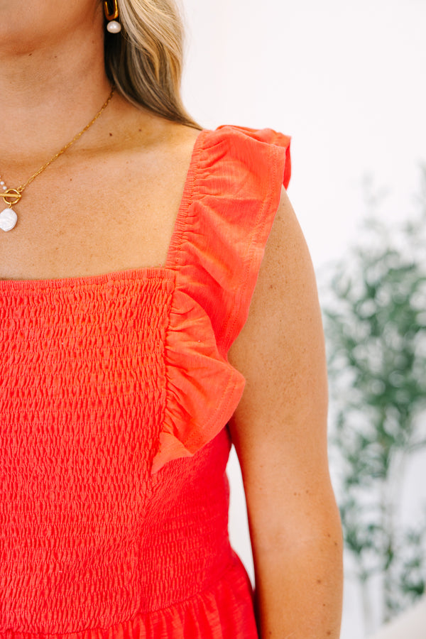Plus Size coral smocked peplum top with ruffled straps and a square neckline.