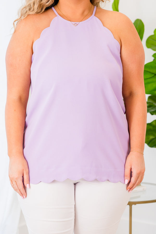 Chic Soul plus size clothing, halter sleeveless lavender tank with scalloped edges