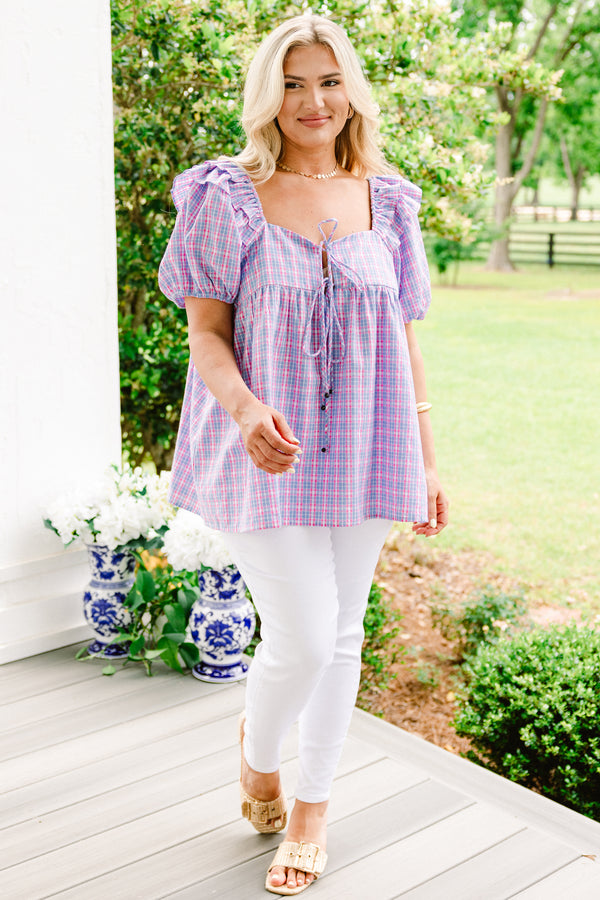 Chic Soul plus size clothing, light indigo and hot pink small plaid short-bubble sleeve sweetheart neckline casual top with string ties along neckline and ruffles at top of sleeves