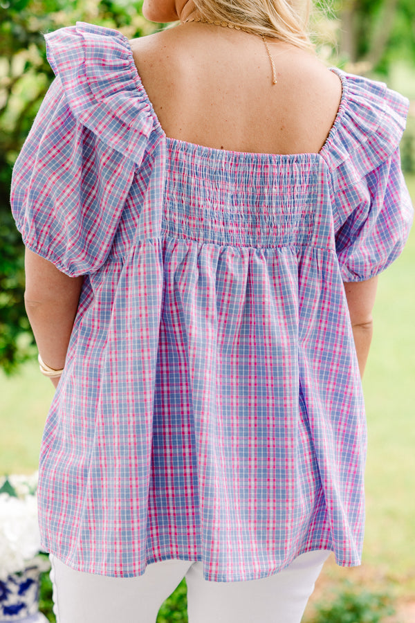 Chic Soul plus size clothing, light indigo and hot pink small plaid short-bubble sleeve sweetheart neckline casual top with string ties along neckline and ruffles at top of sleeves