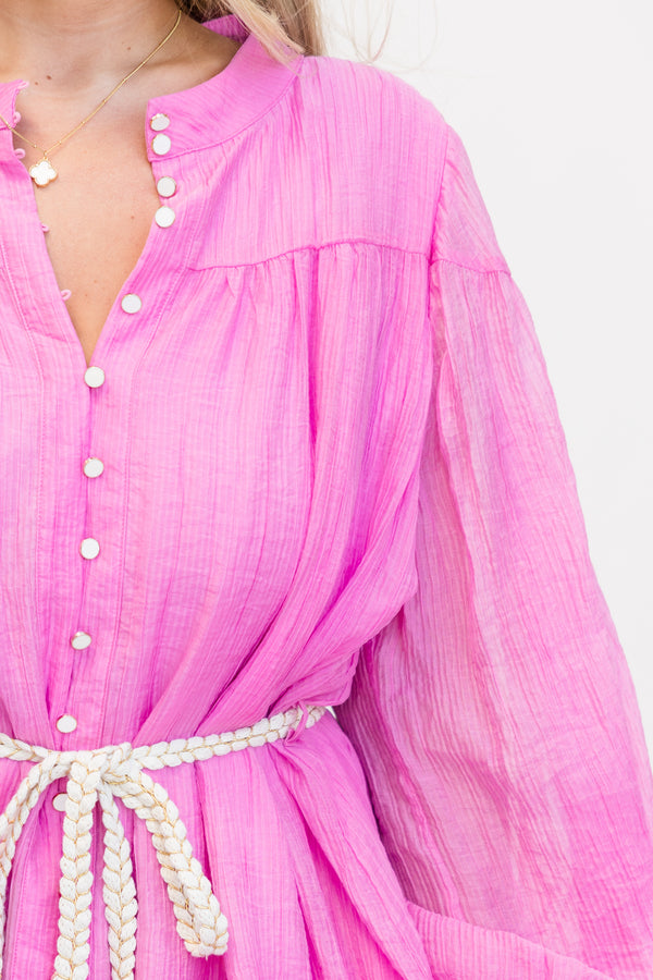 Chic Soul plus size clothing, ballon-long-sleeve pink button down linen dress with ruffled detailing and a removable sash on the waistline