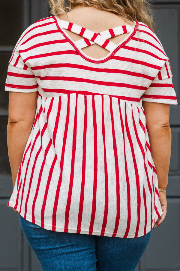 Chic Soul plus size clothing, red and white stripe short sleeve top with horizontal stripes along chest and cuff sleeve and vertical stripes along the bottom