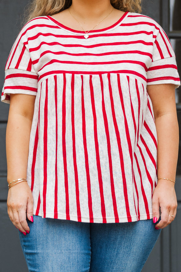 Chic Soul plus size clothing, red and white stripe short sleeve top with horizontal stripes along chest and cuff sleeve and vertical stripes along the bottom
