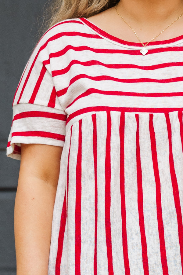 Chic Soul plus size clothing, red and white stripe short sleeve top with horizontal stripes along chest and cuff sleeve and vertical stripes along the bottom
