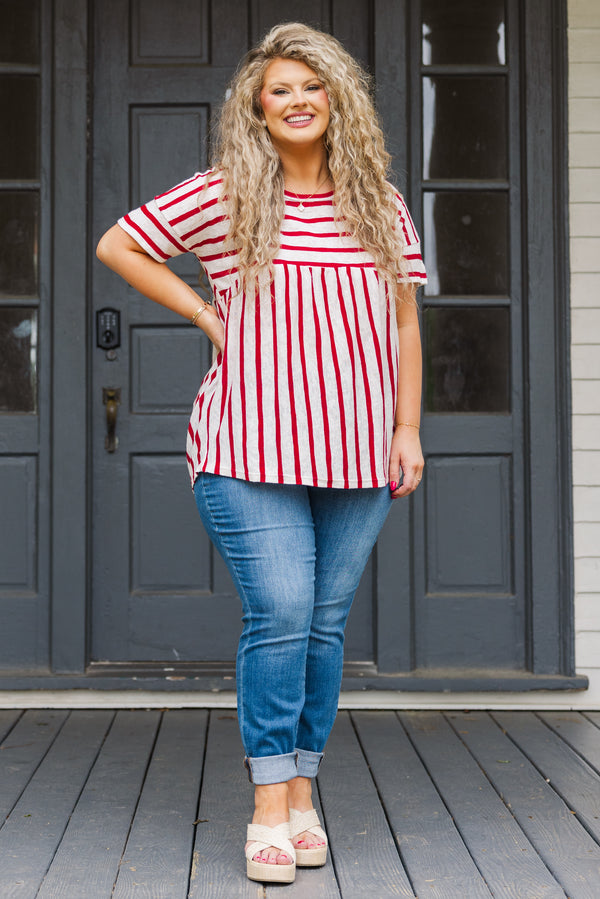 Chic Soul plus size clothing, red and white stripe short sleeve top with horizontal stripes along chest and cuff sleeve and vertical stripes along the bottom