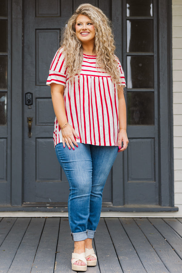 Chic Soul plus size clothing, red and white stripe short sleeve top with horizontal stripes along chest and cuff sleeve and vertical stripes along the bottom