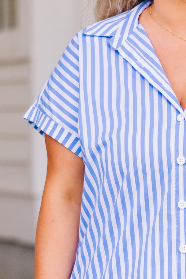 Chic Soul plus size clothing, short-sleeve striped collared denim-ivory top with white button details 