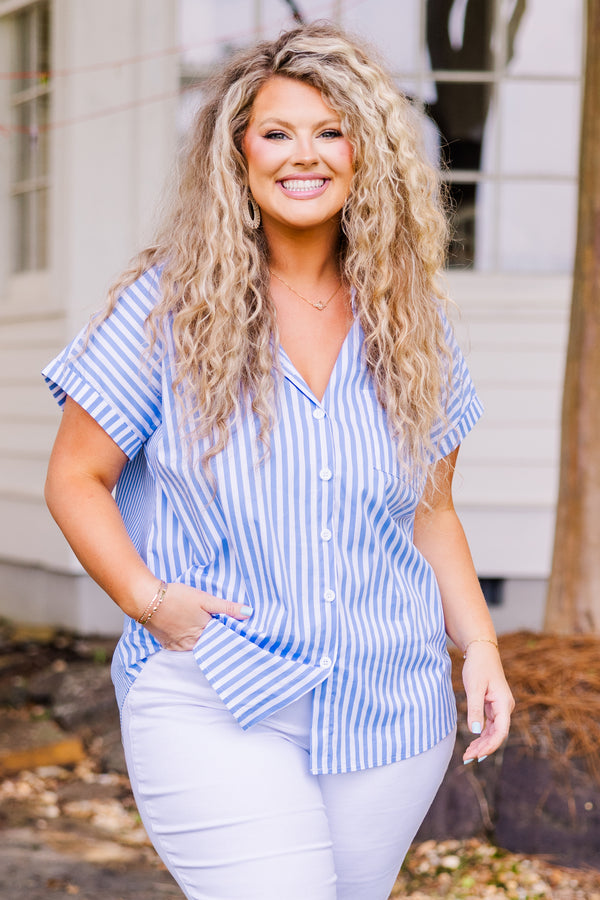 Chic Soul plus size clothing, short-sleeve striped collared denim-ivory top with white button details 