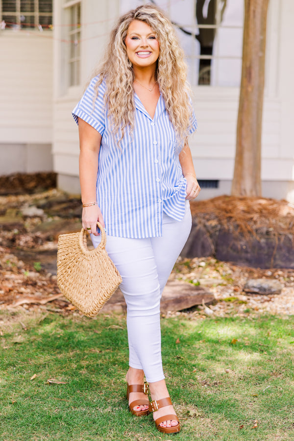 Chic Soul plus size clothing, short-sleeve striped collared denim-ivory top with white button details 