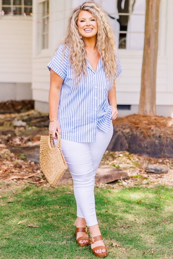 Chic Soul plus size clothing, short-sleeve striped collared denim-ivory top with white button details 