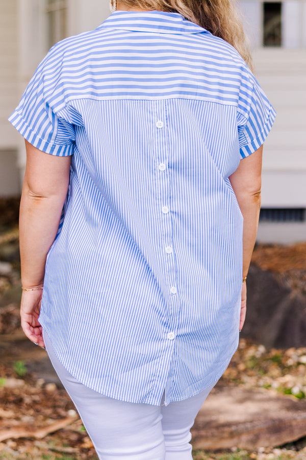 Chic Soul plus size clothing, short-sleeve striped collared denim-ivory top with white button details 