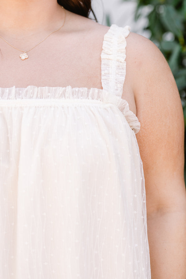 Chic Soul plus size clothing, sleeveless vanilla cream white layered tank top with a square-neckline with a lace layering