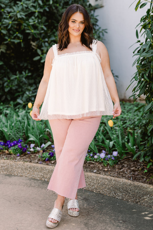 Chic Soul plus size clothing, sleeveless vanilla cream white layered tank top with a square-neckline with a lace layering