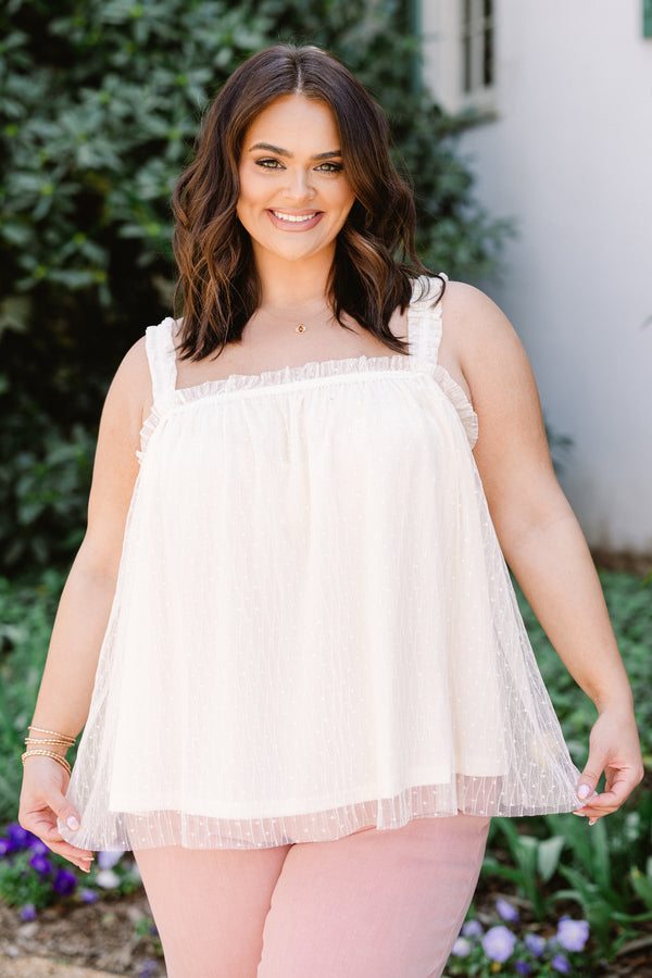 Chic Soul plus size clothing, sleeveless vanilla cream white layered tank top with a square-neckline with a lace layering