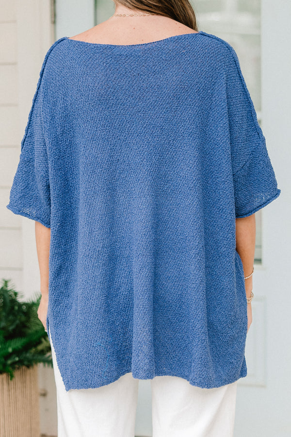 Chic Soul plus size clothing, denim blue knit sweater short sleeve top with chest pocket