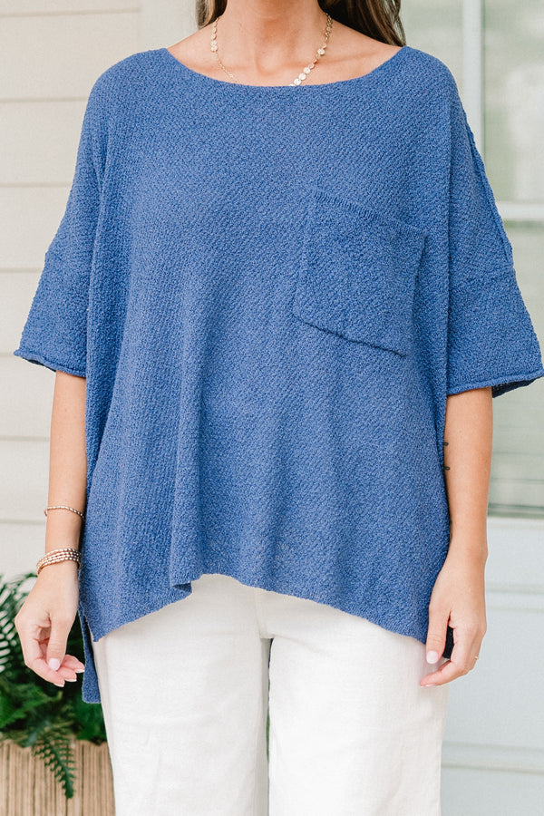 Chic Soul plus size clothing, denim blue knit sweater short sleeve top with chest pocket