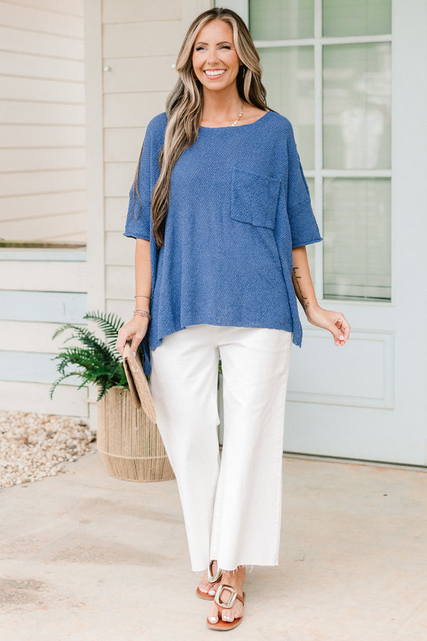 Chic Soul plus size clothing, denim blue knit sweater short sleeve top with chest pocket
