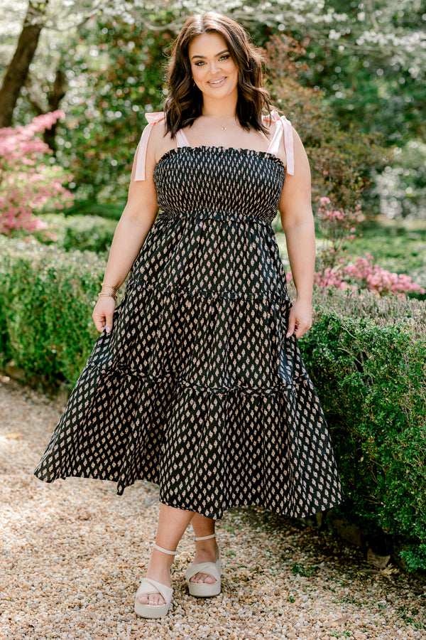 Chic Soul plus size clothing, sleeveless solid white tied bow straps with a black ruffled tiered midi dress with a smocked bodice and a subtle abstract pattern