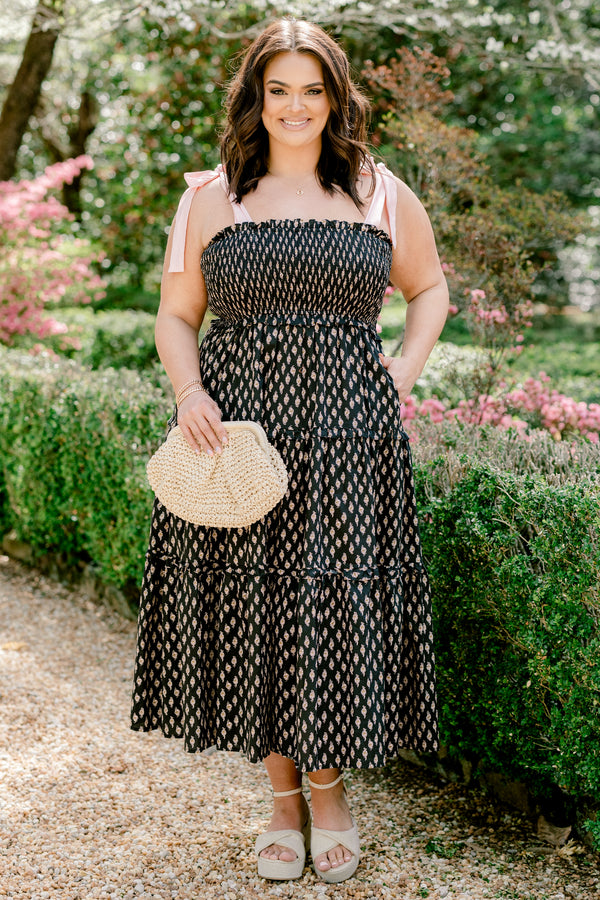 Chic Soul plus size clothing, sleeveless solid white tied bow straps with a black ruffled tiered midi dress with a smocked bodice and a subtle abstract pattern